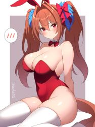  absurdres alternate_costume animal_ears artist_name breasts brown_hair cleavage commentary_request daiwa_scarlet_(umamusume) hanafuda_(hanafuda0116) highres horse_ears horse_girl horse_tail large_breasts leotard long_hair looking_at_viewer pantyhose playboy_bunny red_eyes red_leotard sitting speech_bubble spoken_blush tail thighhighs twintails twitter_username umamusume white_thighhighs 