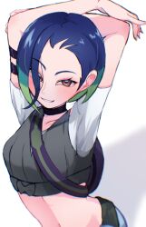  armband arms_up bag belt black_bag black_belt blue_hair brown_eyes commentary_request female grey_vest grin highres looking_at_viewer midriff multicolored_hair perrin_(pokemon) pokemon pokemon_sv rosyehosii shirt short_hair short_sleeves smile solo teeth upper_body vest white_background white_shirt 