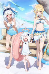  3girls :d absurdres aqua_headband bare_shoulders barefoot bikini blonde_hair blue_hairband blue_headband blush body_markings braid breasts closed_mouth dress feet flower genshin_impact hair_between_eyes hair_flower hair_ornament hairband halo headband highres innertube long_hair lumine_(genshin_impact) lumine_(hot_springs)_(genshin_impact) medium_breasts midriff mualani_(genshin_impact) multiple_girls navel official_alternate_costume open_mouth paimon_(genshin_impact) paimon_(hot_springs)_(genshin_impact) red_eyes short_hair short_hair_with_long_locks smile swim_ring swimsuit symbol-shaped_pupils toes twin_braids white_bikini white_dress white_hair yellow_eyes yuu_maraa 