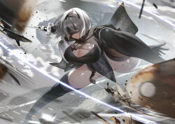  2b_(nier:automata) absurdres black_dress black_footwear black_thighhighs blindfold boots breasts covered_eyes dress female grey_hair highres holding holding_sword holding_weapon katana large_breasts nier:automata nier_(series) parted_lips short_hair solo sword teddy_(khanshin) thigh_boots thighhighs thighhighs_under_boots thighs weapon 