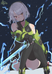  absurdres anby_demara black_gloves black_thighhighs brown_eyes closed_mouth expressionless feet_out_of_frame female fingerless_gloves gloves hair_between_eyes headphones highres holding holding_sword holding_weapon lanthan lightning looking_at_viewer short_hair sidelocks signature sitting solo sword thighhighs weapon white_hair zenless_zone_zero 