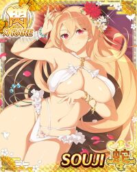 bikini blonde_hair breasts card_(medium) cleavage falling_petals female flower frilled_bikini frills game_cg hair_flower hair_ornament large_breasts long_hair looking_at_viewer navel non-web_source official_alternate_costume official_art petals red_eyes rose_petals senran_kagura senran_kagura_new_wave skindentation solo souji_(senran_kagura) sunset swimsuit white_bikini 