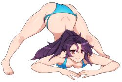  all_fours ass barefoot bikini blue_bikini breasts closed_mouth commentary commission english_commentary female full_body highres jack-o&#039;_challenge large_breasts long_hair looking_at_viewer oninuer original purple_hair red_eyes simple_background smile solo swimsuit toes top-down_bottom-up white_background 