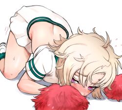 absurdres all_fours blush chainsaw_man cheerleader crop_top famine_devil_(chainsaw_man) female flying_sweatdrops grey_hair highres holding holding_pom_poms kirtome medium_hair pom_pom_(cheerleading) purple_eyes shirt skirt solo sweat top-down_bottom-up white_background white_shirt white_skirt 