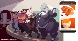  absurd_res alligator alligatorid animal_humanoid anthro avian beak bear belly big_belly big_breasts bird breasts chubberdy chubby_cheeks clothing crocodilian electronics english_text female food fur group hi_res huge_belly humanoid juanp1arts mammal obese obese_anthro office_clothing overweight overweight_anthro overweight_female pelecaniform phone polar_bear public_transportation rapid_transit reptile scalie shoebill smile subway subway_station suit text thick_thighs ursine 