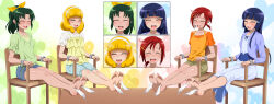  4girls ahoge aoki_reika barefoot blue_dress blue_hair blue_jacket blue_shorts blunt_bangs blunt_ends breasts brown_shorts camisole chair closed_eyes coffee_table collarbone commentary commission d: dress english_commentary facing_ahead feathers feet feet_on_table frilled_shirt frilled_shorts frilled_sleeves frills full_body furrowed_brow gradient_background green_hair green_shirt hair_ornament hair_ribbon hairband hairclip heart heart_background highres hime_cut hino_akane_(smile_precure!) jacket laughing long_hair long_sleeves midorikawa_nao mixed-language_commentary multiple_girls open_clothes open_jacket open_mouth orange_shirt orange_tank_top orcaleon outstretched_legs ponytail precure puffy_short_sleeves puffy_sleeves red_hair ribbon shirt short_hair short_ponytail short_sleeves shorts small_breasts smile smile_precure soles table tank_top tearing_up teeth tickling tickling_feet toes upper_teeth_only v-neck white_background white_feathers white_hairband white_shirt x_hair_ornament yayoi_kise yellow_camisole yellow_ribbon 