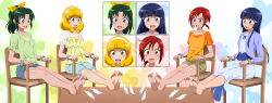  4girls ahoge aoki_reika barefoot blue_dress blue_eyes blue_hair blue_jacket blue_shorts blunt_bangs blunt_ends breasts brown_shorts camisole chair coffee_table collarbone commentary commission d: dress english_commentary feathers feet feet_on_table frilled_shirt frilled_shorts frilled_sleeves frills full_body furrowed_brow gradient_background green_eyes green_hair green_shirt hair_ornament hair_ribbon hairband hairclip heart heart_background highres hime_cut hino_akane_(smile_precure!) imminent_tickling jacket long_hair long_sleeves looking_down midorikawa_nao mixed-language_commentary multiple_girls open_clothes open_jacket open_mouth orange_shirt orange_tank_top orcaleon outstretched_legs ponytail precure puffy_short_sleeves puffy_sleeves red_eyes red_hair ribbon scared shirt short_hair short_ponytail short_sleeves shorts small_breasts smile_precure soles table tank_top tearing_up teeth toes upper_teeth_only v-neck white_background white_feathers white_hairband white_shirt x_hair_ornament yayoi_kise yellow_camisole yellow_eyes yellow_ribbon 