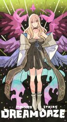  black_choker black_dress blonde_hair boots choker closed_mouth commentary_request copyright_name dress female full_body hair_between_eyes hand_on_own_hip highres horns looking_at_viewer lucifer_(monster_strike) monster_strike pink_eyes purple_wings solo takeuchi_ryousuke wings 