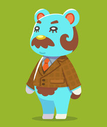  2021 animal_crossing anthro bear beardo_(animal_crossing) biped blue_body clothing facial_hair green_background kopa_nishikida male mammal moustache necktie nintendo shirt simple_background solo topwear 