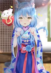  :3 ahoge aizawa_(aizawatsu) animal_ears architecture black_footwear blue_hair blue_kimono blue_tail blurry blush bokeh boots cat_ears cat_girl creature daifuku_(yukihana_lamy) depth_of_field east_asian_architecture elf eyelashes female floral_print full_body hair_between_eyes hair_ornament hairclip hakama hakama_skirt heart heart_ahoge highres hololive japanese_clothes kimono kneeling long_hair looking_at_viewer low_twintails multicolored_hair obi obiage obijime oerba_yun_fang official_alternate_hairstyle parted_lips paw_pose pointy_ears ribbon sash skirt smile solo sparkle streaked_hair tail tail_ornament tail_ribbon twintails virtual_youtuber yellow_eyes yukihana_lamy yukihana_lamy_(new_year) 