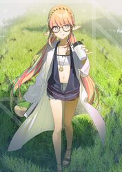  akinashi_yuu blush book circe_(doc_kykeon)_(fate) circe_(fate) commentary cup day disposable_coffee_cup disposable_cup fate/grand_order fate_(series) female flask glasses grass hairband jewelry lab_coat light_rays long_hair long_sleeves looking_at_viewer multicolored_eyes navel necklace orange_hair outdoors pointy_ears sandals sleeves_past_wrists solo sunbeam sunlight thighs twintails 