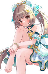  arm_guards bare_shoulders blue_ribbon blunt_bangs blush brown_eyes brown_hair collarbone dot_nose dress eluthel feet female floral_print flower_bracelet green_dress hair_ornament hair_ribbon highres idolmaster idolmaster_cinderella_girls idolmaster_cinderella_girls_starlight_stage invisible_chair knee_up long_hair looking_at_viewer parted_lips ponytail ribbon simple_background sitting sleeveless sleeveless_dress solo toes twitter_username very_long_hair white_background x_hair_ornament yorita_yoshino 