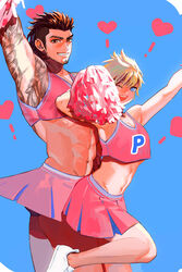  2boys abs armpits beard blonde_hair cheering cheerleader crop_top crossdressing facial_hair feet_out_of_frame final_fantasy final_fantasy_xv gladiolus_amicitia hair_slicked_back heart highres large_pectorals long_sideburns male_focus mature_male medium_hair midriff multiple_boys muscular muscular_male navel navel_hair nipples pectorals pink_shirt prompto_argentum scar scar_across_eye scar_on_face shirt sideburns smile stomach stubble thighhighs tokumei_wombat undercut white_legwear 