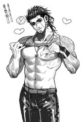  1boy abs bara bare_pectorals beard chest_tattoo clothes_lift facial_hair feet_out_of_frame final_fantasy final_fantasy_xv gladiolus_amicitia greyscale hair_slicked_back head_tilt heart jewelry leather leather_pants long_sideburns male_focus mature_male medium_hair monochrome muscular muscular_male navel necklace nipples pants pectorals scar scar_across_eye scar_on_face shirt_lift sideburns smile solo stomach stubble tank_top tattoo tokumei_wombat undercut white_background 