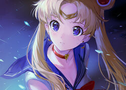  asukayou bishoujo_senshi_sailor_moon bishoujo_senshi_sailor_moon_s blonde_hair blue_eyes blush breasts choker cleavage commentary_request crescent crescent_earrings derivative_work earrings female hair_ornament hair_over_shoulder heart heart_choker highres jewelry long_hair magical_girl meme partial_commentary sailor_collar sailor_moon sailor_moon_redraw_challenge_(meme) sailor_senshi_uniform screenshot_redraw solo tsukino_usagi twintails upper_body 