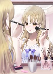  bad_id bad_pixiv_id bare_arms bare_shoulders blonde_hair blue_bow blurry blurry_foreground bow brown_eyes depth_of_field dress female from_behind highres holding irise long_hair looking_at_mirror makeup_brush mirror nijisanji official_alternate_costume open_mouth pajamas parted_bangs sister_claire sister_claire_(7th_costume) sleeveless sleeveless_dress solo upper_body virtual_youtuber white_dress 