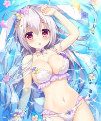  :o ameto_yuki animal_ears arm_up bad_id bad_twitter_id bare_shoulders bikini blanc_(ameto_yuki) bracelet breasts caustics choker cleavage commentary_request female flower frilled_bikini frills grey_hair highres jewelry large_breasts long_hair looking_at_viewer lying navel on_back open_mouth original petals pink_flower rabbit_ears red_eyes solo stomach swimsuit water 