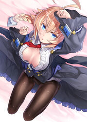  ahoge bad_id bad_twitter_id black_dress blazblue blonde_hair blue_eyes blush braid breasts breasts_apart brown_pantyhose center_frills center_opening cleavage_cutout clothing_cutout collared_shirt commentary_request dress dress_shirt es_(xblaze) female frills highres huge_ahoge knees_up large_breasts long_hair long_sleeves looking_at_viewer lying necktie on_back open_clothes open_mouth open_shirt orochi_itto panties panties_under_pantyhose pantyhose red_necktie shirt single_braid solo tattoo thighs underwear white_shirt xblaze xblaze_code:_embryo 