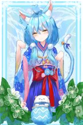  absurdres ahoge animal_ears bell blue_hair blue_hakama blue_kimono blue_tail cat_ears cat_girl cat_tail cowboy_shot daifuku_(yukihana_lamy) ear_piercing female floral_print flower hair_between_eyes hair_ornament hair_over_shoulder hairclip hakama hakama_skirt head_tilt heart heart_ahoge highres hololive japanese_clothes kabedoru kimono light_blush long_hair long_skirt looking_at_viewer low_twintails multicolored_hair nervous_smile obi obiage obijime official_alternate_hairstyle paw_pose piercing pleated_skirt pom_pom_(clothes) ribbon rope sash shimenawa skirt smile solo streaked_hair tail tail_bell tail_ornament tail_ribbon twintails virtual_youtuber yellow_eyes yukihana_lamy yukihana_lamy_(new_year) 