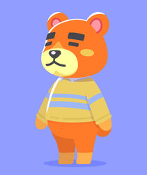  2021 animal_crossing anthro bear biped black_nose chibi closed_eyes clothing kopa_nishikida mammal nintendo orange_body shirt simple_background solo teddy_(animal_crossing) topwear 