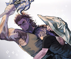  &gt;_&lt; 2boys arm_tattoo bara beard between_pectorals biceps dutch_angle face_to_pecs facial_hair final_fantasy final_fantasy_xv frown gladiolus_amicitia green_tank_top hair_slicked_back head_between_pecs holding holding_shield holding_sword holding_weapon long_sideburns male_focus mature_male medium_hair multiple_boys muscular muscular_male noctis_lucis_caelum pectorals protecting scar scar_across_eye scar_on_face shield sideburns sidepec stubble sword tank_top tattoo thick_eyebrows tokumei_wombat undercut upper_body weapon 