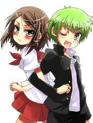  2girls androgynous baka_to_test_to_shoukanjuu black_jacket blush blush_stickers brown_hair collared_jacket duplicate fumizuki_academy_school_uniform furrowed_brow gakuran green_hair jacket kinoshita_yuuko kudou_aiko locked_arms medium_hair multiple_girls neckerchief okita_yuuichi one_eye_closed pixel-perfect_duplicate pleated_skirt red_neckerchief red_skirt reverse_trap school_uniform serafuku shirt short_hair skirt undershirt white_shirt yellow_eyes 