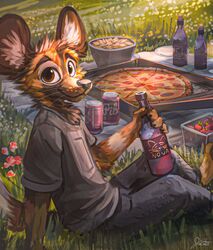  2021 african_wild_dog anthro beverage bottomwear can canid canine cheek_tuft clothed clothing container detailed_background digital_media_(artwork) facial_tuft flower food fraudulent_fox fully_clothed grass head_tuft hi_res holding_beverage holding_object jacato looking_at_viewer male male_anthro mammal on_ground outside pants picnic pizza plant round_ears shirt signature sitting smile smiling_at_viewer solo t-shirt tall_grass topwear tuft 