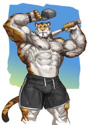  2021 abs absurd_res anthro barazoku baseball_bat baseball_cap bat_(object) biceps big_muscles bottomwear clothed clothing coach_ho felid fur hair hat headgear headwear hi_res huge_muscles male mammal muscular muscular_anthro muscular_male nipples pantherine pecs solo tiger topless traver009 vein veiny_muscles 