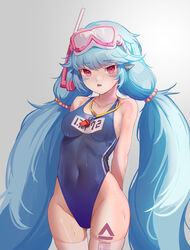  absurdres arms_behind_back bare_shoulders blue_hair breasts covered_navel diving_mask diving_mask_on_head facial_tattoo female goggles goggles_on_head guardian_tales highres leg_tattoo little_android_aa72 long_hair looking_at_viewer medium_breasts one-piece_swimsuit open_mouth pink_eyes simple_background skin_tight sleeveless sliverdog solo swimsuit tattoo thighhighs thighs wet wet_clothes 