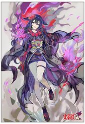  breasts commentary creature_and_personification female fire highres hisuian_typhlosion japanese_clothes kantarou_(8kan) kimono personification pokemon pokemon_(creature) purple_fire purple_hair skindentation small_breasts solo symbol-only_commentary thigh_strap thighs 