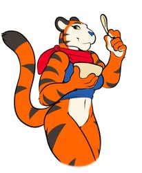  2016 5_fingers anthro blue_nose bottomless bowl clothed clothing container countershading cutlery digital_media_(artwork) felid female fingers freckles_(artist) frosted_flakes holding_object kellogg&#039;s kitchen_utensils mammal mascot mtf_crossgender pantherine rule_63 scarf simple_background solo spoon stripes tail tiger tony_the_tiger tools topwear white_background 