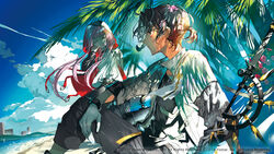  1boy arknights aya_(arknights) beach black_hair black_shirt blue_sky blunt_bangs closed_eyes cloud commentary_request day female gloves grey_pants jacket long_sleeves mura_karuki official_art open_clothes open_jacket outdoors pants pink_hair ponytail shirt short_hair sitting sky thorns_(arknights) white_gloves white_jacket 