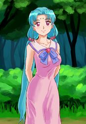  absurdres aged_up blue_hair collarbone dress facial_mark female forehead_mark freckles hair_bobbles hair_ornament highres light_blush long_hair looking_at_viewer low_twintails masaki_sasami_jurai outdoors pink_dress purple_eyes smile solo tenchi_muyou! tenchi_muyou!_ryou-ouki twintails very_long_hair zawabug 