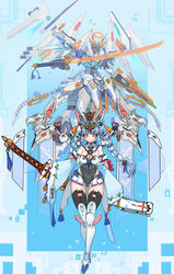  absurdres alternate_costume animal_ears black_leotard black_thighhighs blue_bow blue_footwear blue_hair bow braid breasts cleavage covered_navel energy_sword english_commentary female gun halo high_heels highres holding holding_gun holding_sword holding_weapon hololive huge_weapon katana leotard looking_at_viewer medium_breasts orange_eyes pekodam pekomon_(usada_pekora) rabbit_ears rabbit_girl science_fiction sheath sheathed smile socks sword syaha thighhighs twin_braids usada_pekora v-fin virtual_youtuber weapon weapon_on_back white_socks 