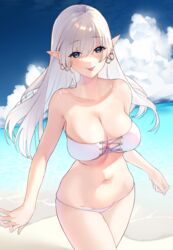  bare_shoulders beach bikini blue_eyes blue_sky blush breasts cleavage collarbone commentary_request day earrings elf female highres jewelry large_breasts long_hair looking_at_viewer navel original outdoors pointy_ears shore sino42 sky smile solo strapless strapless_bikini swimsuit thighs tongue tongue_out white_hair 