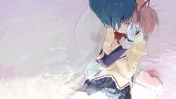  2girls alt_text blood blue_hair bow bowtie cape closed_eyes clothing_request commentary_request gesture_request gloves grey_background hair_ribbon hands_on_another&#039;s_shoulders highres hug hug_from_behind injury kaname_madoka looking_at_another looking_down magical_girl mahou_shoujo_madoka_magica mahou_shoujo_madoka_magica_(anime) miki_sayaka miki_sayaka_(magical_girl) miniskirt mitakihara_school_uniform multiple_girls outdoors pink_hair red_bow red_bowtie red_ribbon ribbon school_uniform shirt short_hair sitting sitting_on_person sitting_on_water skirt thighhighs twintails un_nm5sy water white_cape white_gloves white_thighhighs yellow_shirt yuri zettai_ryouiki 