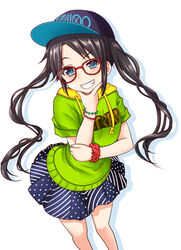  baseball_cap black_hair blue_eyes blue_skirt blush clothes_writing commentary_request diagonal-striped_clothes diagonal-striped_skirt drawstring drop_shadow female green_hoodie grin hand_on_own_chin hand_up hat hood hood_down hoodie idolmaster idolmaster_shiny_colors long_hair mitsumine_yuika momoda_yasuhito pleated_skirt polka_dot polka_dot_skirt purple_hat short_sleeves skirt smile solo striped_clothes stroking_own_chin swept_bangs twintails very_long_hair white_background 