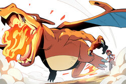  1boy baseball_cap black_hair breath_weapon breathing_fire charizard claws commentary_request dododo_dadada fingerless_gloves fire flame-tipped_tail from_below gloves grey_pants hand_up hat jacket legs_apart male_focus open_mouth pants pokemon pokemon_(anime) pokemon_(creature) pokemon_the_movie:_the_power_of_us satoshi_(pokemon) shirt smoke standing teeth tongue 