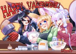  3girls :d amino_dopple animal_ear_fluff animal_ears apron bad_id bad_twitter_id black_apron black_hair blonde_hair blue_eyes blunt_bangs blush bowl braid cooking dated facial_mark flour fox_ears fox_tail gloves green_sweater hair_between_eyes hair_bun holding honami_mikura_(amino_dopple) large_ears long_hair long_sleeves looking_at_viewer milk_carton mittens multiple_girls oerba_yun_fang open_mouth original polka_dot_gloves purple_hair red-framed_eyewear red_eyes red_gloves ribbed_sweater semi-rimless_eyewear short_eyebrows signature single_hair_bun skin_fang smile sweater tail under-rim_eyewear valentine whisker_markings white_apron wide-eyed 