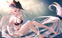  absurdly_long_hair absurdres air_bubble arknights bare_arms bare_legs bare_shoulders barefoot bikini black_bikini black_headwear black_poi breasts bubble chinese_commentary commentary_request criss-cross_halter female finger_to_mouth hair_between_eyes halterneck hand_up highres long_hair looking_at_viewer low-tied_long_hair medium_breasts navel red_eyes side-tie_bikini_bottom skadi_(arknights) solo stomach swimsuit thighs very_long_hair white_hair 