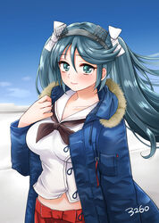  black_neckerchief blue_coat blue_eyes blue_hair blush breasts closed_mouth coat day female fur-trimmed_coat fur_trim hair_between_eyes hair_ribbon headgear highres isuzu_(kancolle) isuzu_kai_ni_(kancolle) kantai_collection large_breasts long_hair long_sleeves looking_at_viewer neckerchief open_clothes open_coat outdoors pleated_skirt red_skirt ribbon saburou_03 sailor_collar school_uniform serafuku skirt sky solo twintails very_long_hair white_neckerchief white_ribbon 