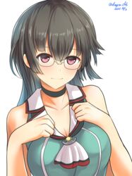  absurdres bad_id bad_pixiv_id bare_shoulders black_choker black_hair blue_shirt blush breasts choker choukai_(kancolle) choukai_kai_ni_(kancolle) cleavage collarbone commentary_request dangan_kurabu dated female glasses highres kantai_collection large_breasts long_hair looking_at_viewer purple_eyes semi-rimless_eyewear shirt simple_background sleeveless sleeveless_shirt smile solo twitter_username under-rim_eyewear upper_body white_background 