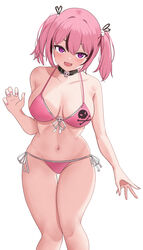  ass_visible_through_thighs bare_arms bare_shoulders bikini black_choker black_hair black_ribbon blush breasts choker collarbone commentary female fingernails foguma goddess_of_victory:_nikke groin hair_between_eyes hair_intakes hair_ribbon heart heart_in_eye highres knees large_breasts legs looking_at_viewer mast_(a_pirate&#039;s_heart)_(nikke) mast_(nikke) multicolored_hair nail_polish navel oerba_yun_fang open_mouth pink_bikini pink_hair pink_nails purple_eyes ribbon side-tie_bikini_bottom simple_background skin_fang skull_choker skull_ornament skull_print smile solo standing stomach streaked_hair swimsuit symbol_in_eye thighs twintails two-tone_hair white_background 