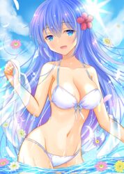  bikini blue_eyes blue_hair blue_sky breasts cleavage cloud collarbone commentary_request cowboy_shot emori_miku female flower front-tie_top hair_flower hair_ornament hibiscus highres liver_city long_hair medium_breasts sky smile solo sun swimsuit uonuma_yuu water white_bikini 