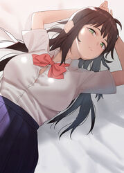  arms_up bed_sheet blue_skirt bow breasts brown_hair closed_mouth collared_shirt commentary_request dress_shirt female green_eyes long_hair looking_at_viewer lying medium_breasts on_back original pleated_skirt red_bow school_uniform shirt short_sleeves skirt smile solo subachi very_long_hair white_shirt 