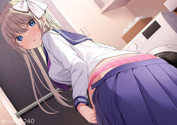  artist_name bathroom blue_eyes blue_sailor_collar blue_skirt blush bow clothes_pull commentary_request female hairbow indoors light_brown_hair long_hair long_sleeves neckerchief nekokobushi open_clothes open_skirt original paid_reward_available panties parted_lips pink_panties purple_neckerchief sailor_collar school_uniform serafuku skirt skirt_pull solo standing sweatdrop twitter_username underwear undressing washing_machine watermark white_bow 