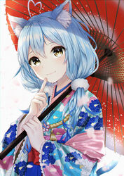  absurdres ahoge animal_ear_fluff animal_ears bad_id bad_pixiv_id blue_hair breasts cat_ears cat_girl cat_tail closed_mouth colored_tips eyelashes female finger_to_mouth floral_print hair_between_eyes heart heart_ahoge highres holding holding_umbrella hololive japanese_clothes kimono large_breasts light_blush long_hair looking_at_viewer low_twintails multicolored_hair nimeter obi official_alternate_hairstyle oil-paper_umbrella red_umbrella sash shushing smile snowing solo streaked_hair tail twintails umbrella upper_body virtual_youtuber yellow_eyes yukihana_lamy yukihana_lamy_(new_year) 