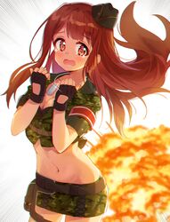  @_@ absurdres armband belt belt_pouch black_gloves breasts camouflage chobi_(penguin_paradise) cleavage cowboy_shot crop_top dog_tags explosion female fingerless_gloves floating_hair gloves green_shirt green_skirt hands_up hat highres idolmaster idolmaster_million_live! idolmaster_million_live!_theater_days long_hair looking_at_viewer medium_breasts midriff miniskirt navel open_mouth pouch red_eyes red_hair shirt short_sleeves skirt solo stomach tanaka_kotoha tears tilted_headwear wavy_mouth 