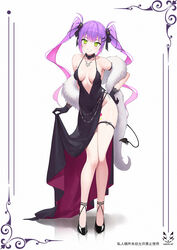  alternate_costume bare_shoulders black_dress black_gloves breasts dress evening_gown feather_boa female full_body gloves green_eyes grin groin hand_on_own_hip high_heels highres hololive jewelry long_hair medium_breasts multicolored_hair necklace no_bra no_panties pink_hair plunging_neckline purple_hair shadow_cat_(yingmiao) side_slit skirt_hold smile solo tail thigh_strap thighs tokoyami_towa twintails two-sided_dress two-sided_fabric two-tone_hair virtual_youtuber wide_hips 