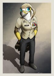  absurd_res american_kestrel avian bird border bottomwear clothing dress_shirt evy_(fish_birb) falcon falconid female fish_birb hi_res kestrel military_uniform pants shirt topwear u.s._navy uniform yellow_border 